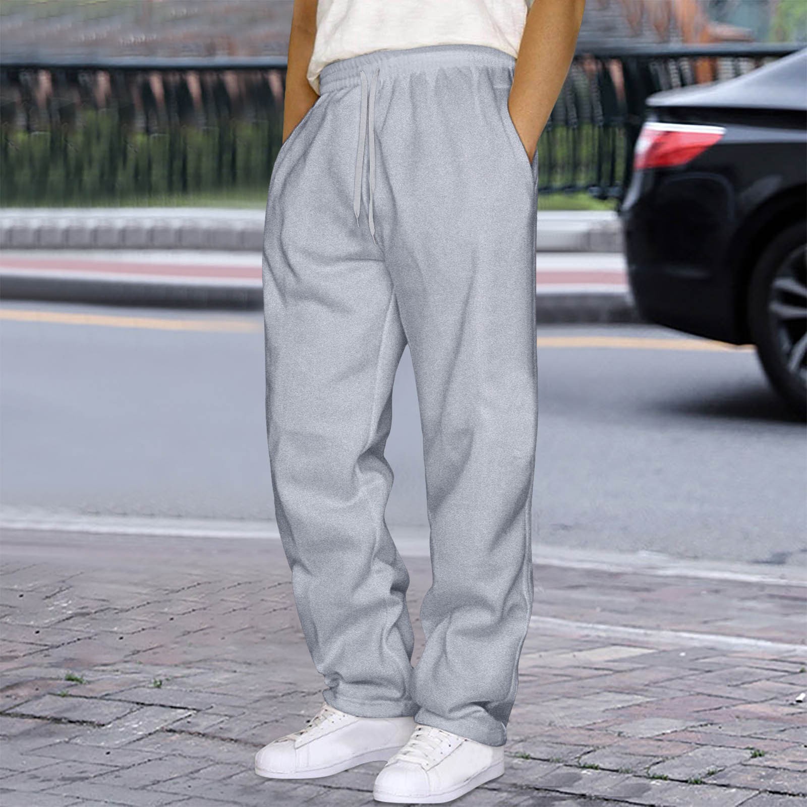 thumbnail image 2 of Pantalones informales de hombre con cordón y pierna recta: cintura elástica, tejido de poliéster, corte holgado para deporte/negocios, diseño de color liso., 2 of 4